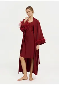 Full view of maroon acetate bathrobe with elegant ostrich feather sleeve trim