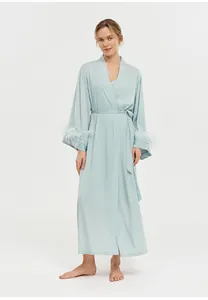 Elegant light blue long acetate robe featuring luxurious ostrich feather sleeve trim