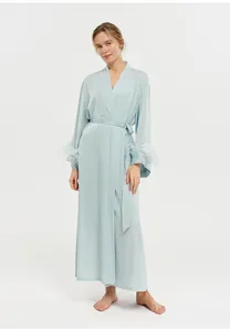 Full view of light blue acetate sleepwear robe with luxurious ostrich feather cuffs
