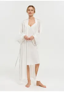 Elegant full-length white satin robe featuring luxurious ostrich feather cuffs for women
