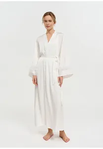 Elegant white long acetate robe with luxurious ostrich feather trim cuffs for women.