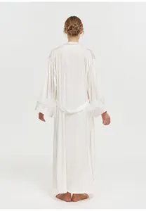 Back view of elegant white acetate long robe with luxurious ostrich feather sleeve trim