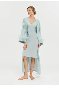 Elegant light blue acetate robe set with luxurious ostrich feather sleeve trim.
