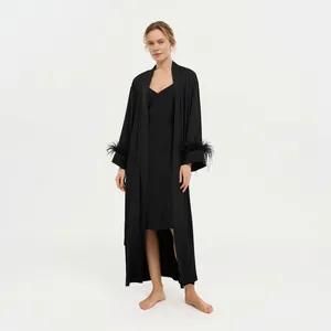 Luxurious Women Satin Robe Feather Cuffs Long Sleeve V-Neck Nightgown With Belt For Bride Wedding Party Home Sleepwear