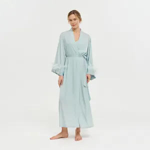 Elegant light blue acetate robe for women with luxurious ostrich feather sleeve trim