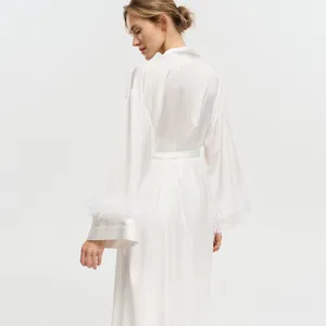 Elegant white acetate silk robe with ostrich feather trim cuffs back view