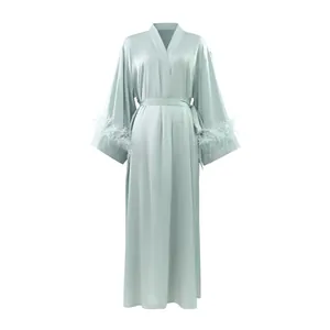 Elegant mint green long satin robe with ostrich feather trim and waist tie