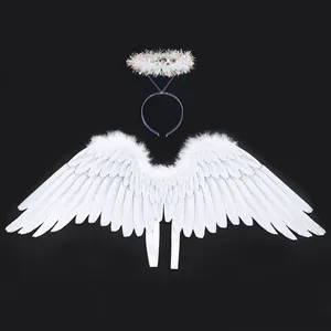 Detailed view of white feather angel wings and tinsel halo headband for Halloween cosplay.