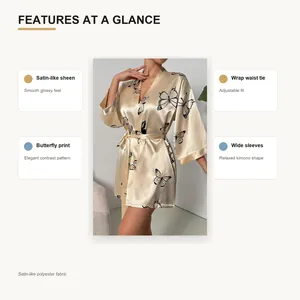 Champagne satin-like robe featuring elegant butterfly print and adjustable wrap waist tie
