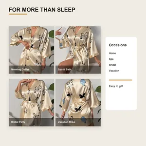 Detailed views of champagne butterfly satin robe showing multiple elegant usage scenarios.