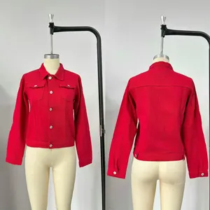 Front and back detail views of a slim fit red denim jacket for women