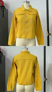 Detailed front and back views of a stylish slim fit yellow denim jacket on a mannequin.