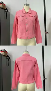 Front and back view of a slim fit pink denim jacket with lapel on a mannequin