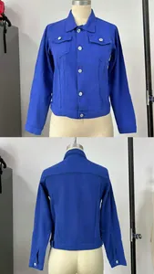 Vibrant royal blue denim jacket slim fit with turn-down collar front and back view