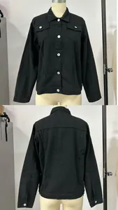 Detailed front and back view of a classic black slim fit lapel denim jacket for women.