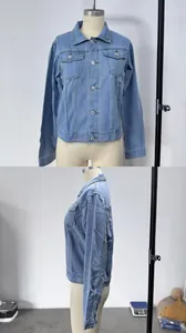 Detail shots showing the front and side profile of a blue slim fit denim jacket