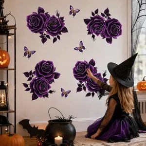 Beautiful purple rose and butterfly wall stickers for creative Halloween home decoration
