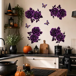 Elegant purple rose and butterfly wall stickers decorating a cozy Halloween kitchen scene