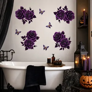 Detail of purple rose and butterfly wall stickers in a Halloween bathroom setting