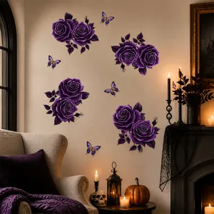 Creative purple rose and butterfly wall stickers applied in a Halloween themed room scene