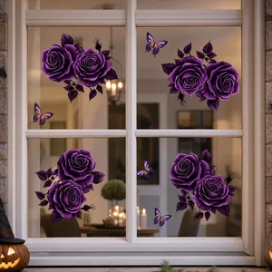 Close-up view of purple rose and butterfly window stickers for elegant home decor.
