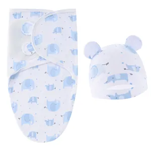 Ensemble d'emmaillotage et bonnet pour nouveau-né en coton doux avec motif éléphant