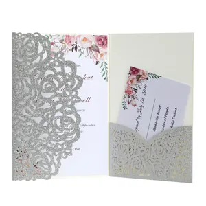 Élégantes Cartes d'Invitation de Mariage Rose Creuse Découpées au Laser Papier Nacré Pailleté Cartes de Voeux de Style Européen Avec Enveloppes