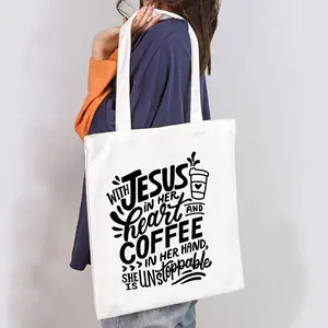 Women Canvas Tote Bag Large Capacity Religious Quote Print Shoulder Bag Casual Eco-friendly Reusable Shopping Handbag