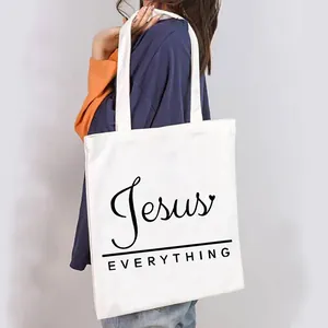 Women's casual canvas tote bag featuring artistic 'Jesus Everything' printed design