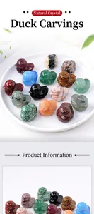 Detailed view of colorful natural crystal duck carvings on a white porcelain plate