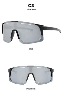 Side and front views of silver mirrored cycling sunglasses with black frame