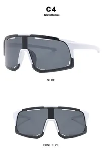 Detailed view of oversized white and black sports sunglasses from side and front angles