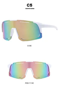 Detailed views of white outdoor sports sunglasses with colorful iridescent lenses