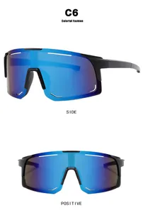 Detailed front and side views of blue oversized sports sunglasses for cycling