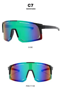 Detailed side and front views of oversized sports sunglasses with colorful mirrored lenses