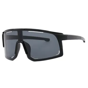 Matte black sports shield sunglasses with oversized grey lenses for cycling.