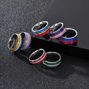 Creative Stainless Steel Pride Flag Striped Ring Colorful Enamel Band Ring For Men Women Fashion Pride Jewelry Gift