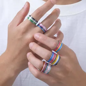 Unisex colorful stainless steel rings with creative pride flag stripe patterns set