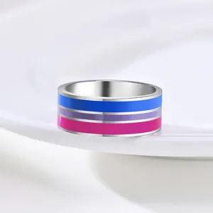 Creative colorful striped ring with blue purple and pink flag design on silver band