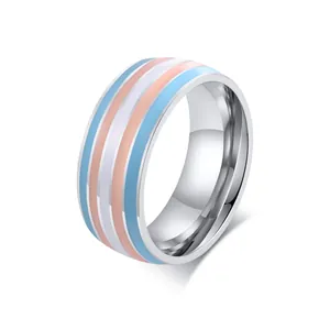 Stainless steel ring with light blue pink and white stripes pride flag design