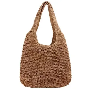 Handgewebte große braune Stroh-Schultertasche für Strandurlaub und Reisen im Sommer