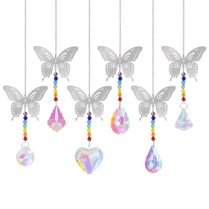 Butterfly Crystal Suncatcher Hanging Ornament Rainbow Maker With Silver Metal Sheet And Multi Color Beads For Home Window Garden Decor