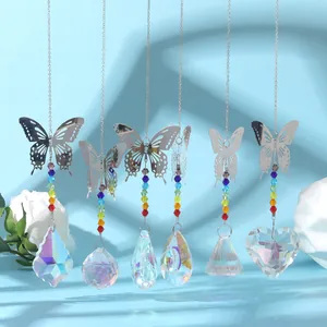 Set of six silver butterfly crystal suncatchers with rainbow beads and prisms