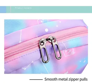 Close-up of smooth double metal zippers on a pink and blue gradient starry backpack