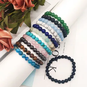 Assorted 8mm natural stone beaded bracelets with rose quartz lava rock and agate.