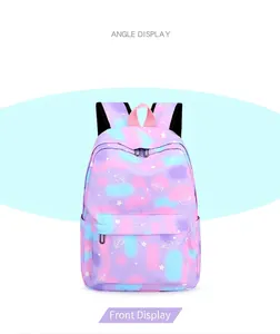 Front view of the purple and pink tie-dye school backpack with star and heart prints.