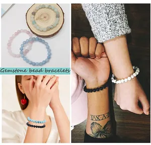 Detailed view of 8mm natural stone bead bracelets in various colors and styles