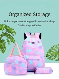 Three-piece schoolbag set with backpack lunch bag and pencil case in galaxy gradient