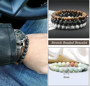 8mm natural stone stretch beaded bracelet variety featuring tiger eye and lava rock
