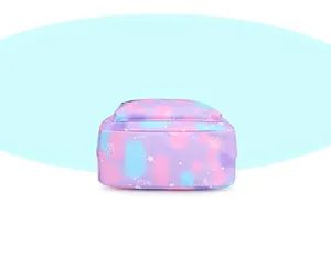 Bottom view of a stylish purple and blue gradient backpack with star and heart patterns